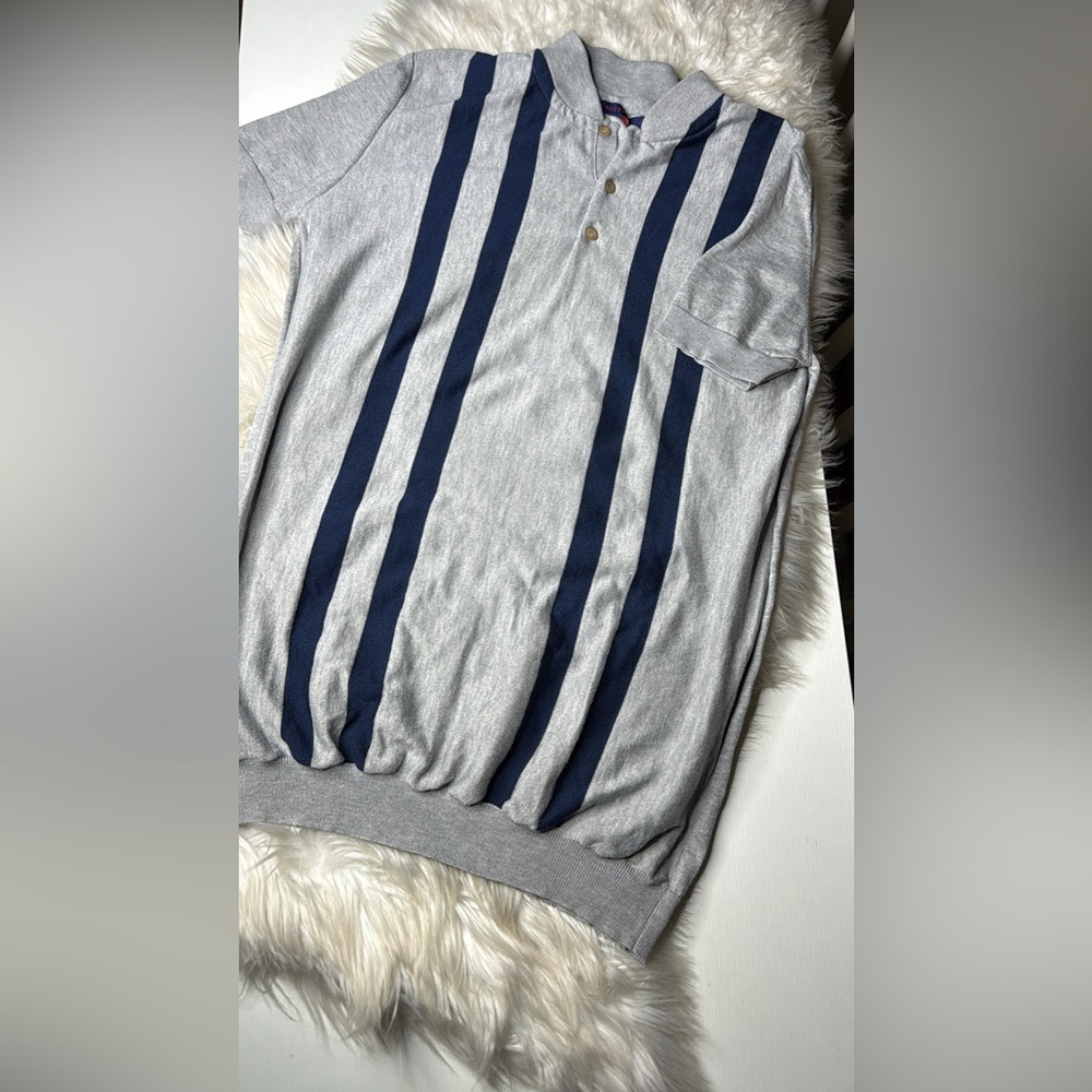 Classic Gray Mandarin Collar Polo Shirt Navy Stripes 3XL Lightweight Knit EUC